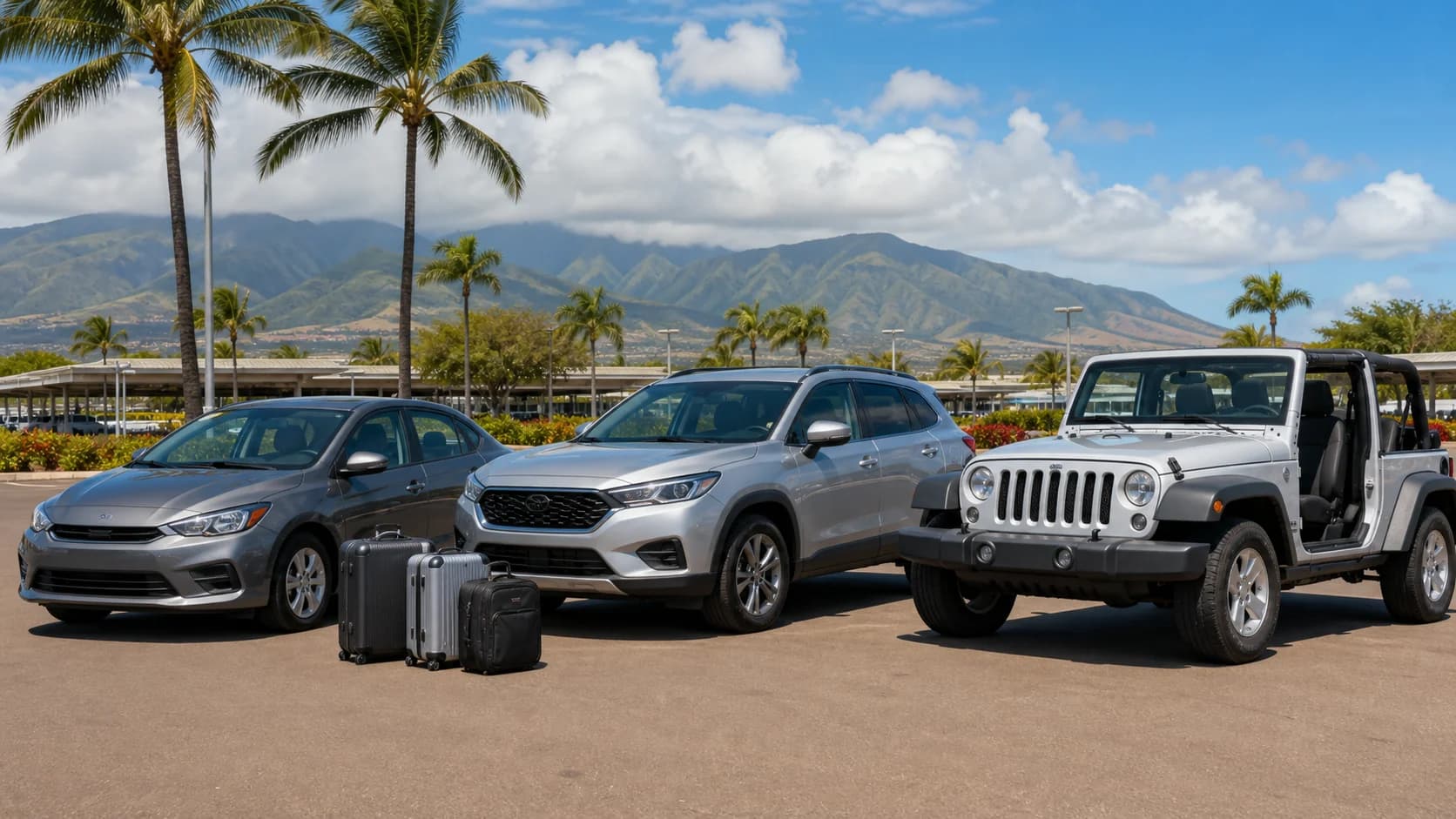 Maui rental cars with luggage near Kahului Airport before pickup