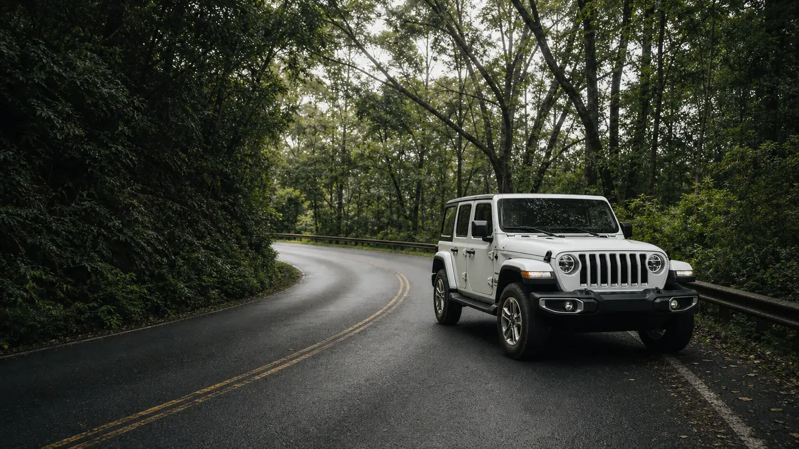 White Jeep Wrangler on a winding Road to Hana forest road