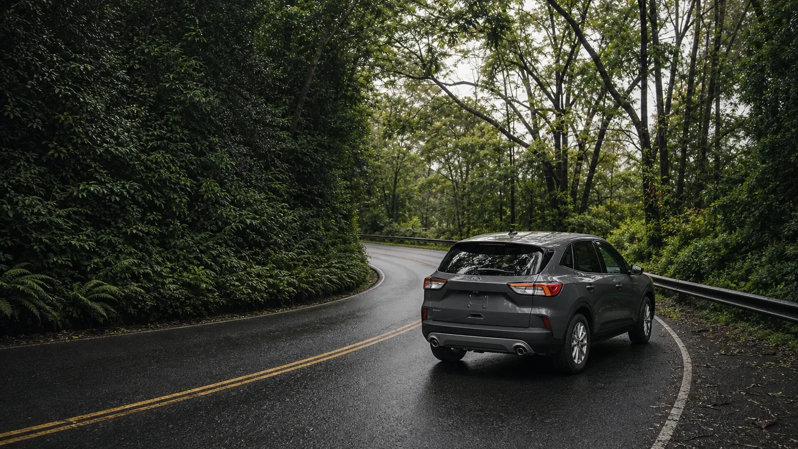 Gray SUV on a winding Road to Hana forest road